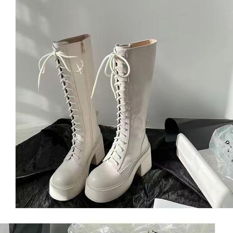 New autumn and winter knight boots women's thick-soled small medium-length velvet Martin boots tall white locomotive boots