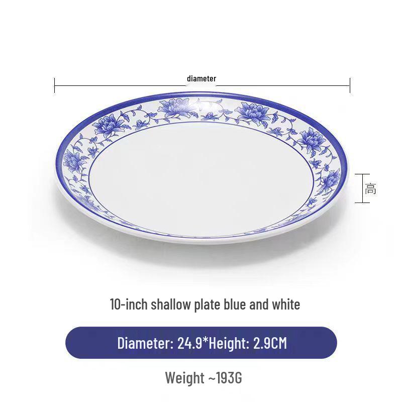 Plato redondo de melamina azul y blanca - Imitación de porcelana gruesa, ideal para salteados, arroz y uso en restaurantes.