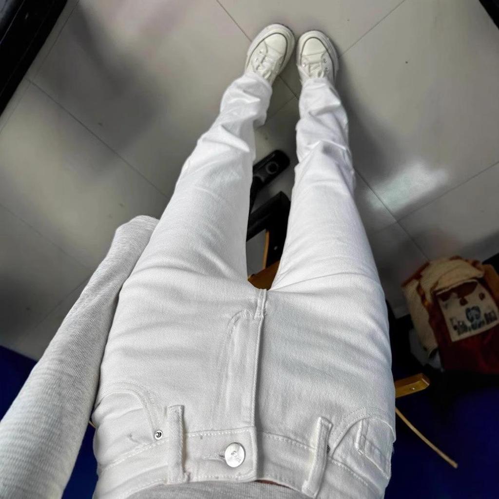 170 Extra Long White Slim Straight-Leg High Waist Jeans for Tall Women - Stretch Cigarette Pants for Spring and Autumn
