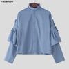 INCERUN Oversized Men Stand Neck Bow Knot Long Sleeve Casual Loose Shirts Tops