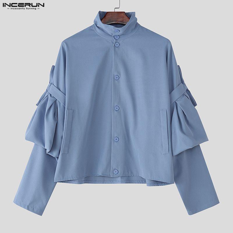 INCERUN Oversized Men Stand Neck Bow Knot Long Sleeve Casual Loose Shirts Tops
