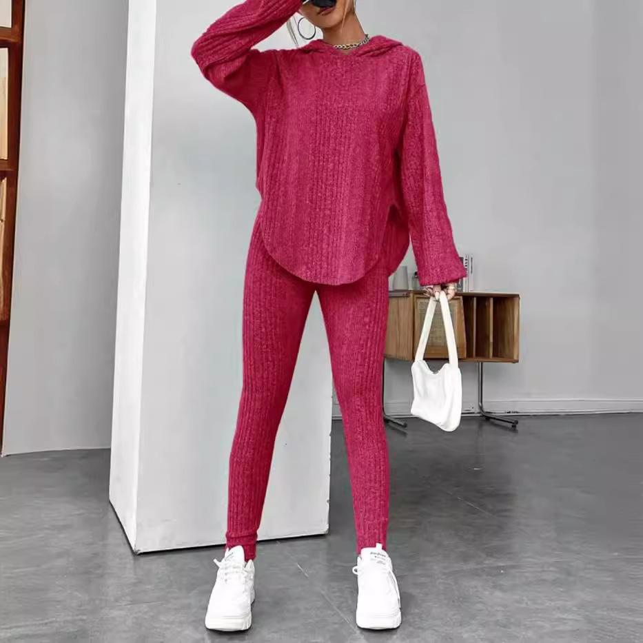 Damen Lila Strick-Sweatshirt mit Kapuze und Slim-Fit-Hose Set, Lässiges Loungewear-Outfit mit V-Ausschnitt-Oberteil