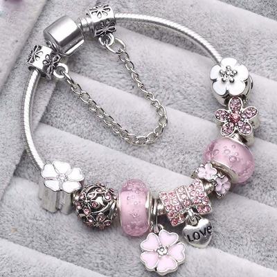 Handgemachte rosa Kirschblüten-Silberperlen-Charms für Armbänder