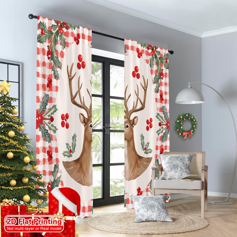 2pcs 2D Flat Printing Christmas Curtains Deer Heart Holly Christmas Fabric Without Electricity Festive Holiday Use for Classroom