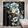 Artistic Blue Gold Flower Shower Curtain Featuring Black Background And Metallic Leaves Water Resistant Material Elegant Home