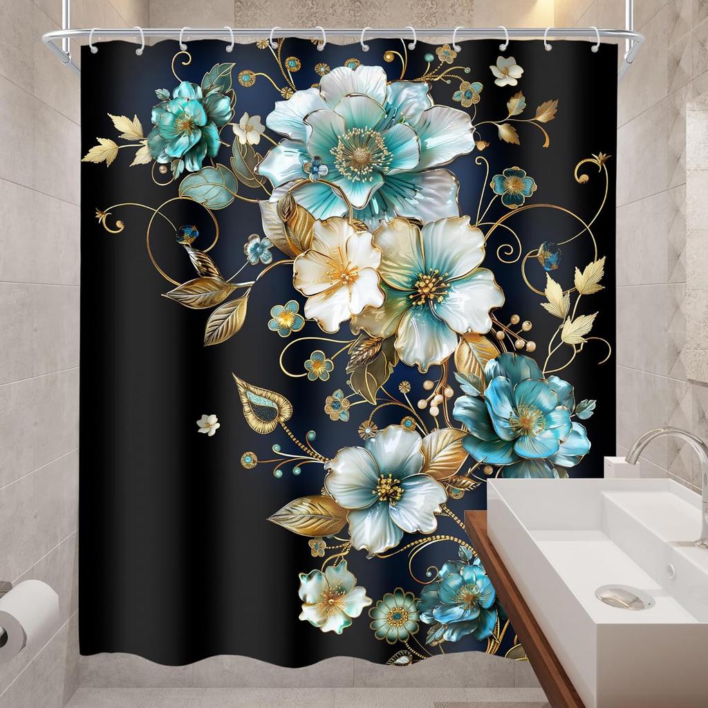 Artistic Blue Gold Flower Shower Curtain Featuring Black Background And Metallic Leaves Water Resistant Material Elegant Home