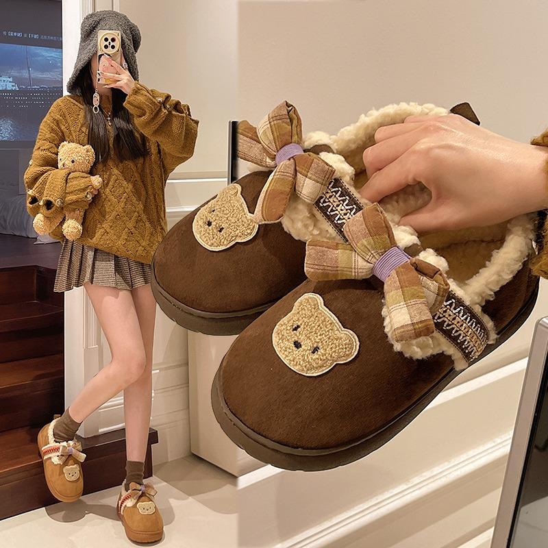 Fashion Women's Plush Cotton Shoes Winter Casual Warm Home Shoes Fashionable Soft Comfortable Non-slip Outdoor Flat Shoes Cartoon Bow