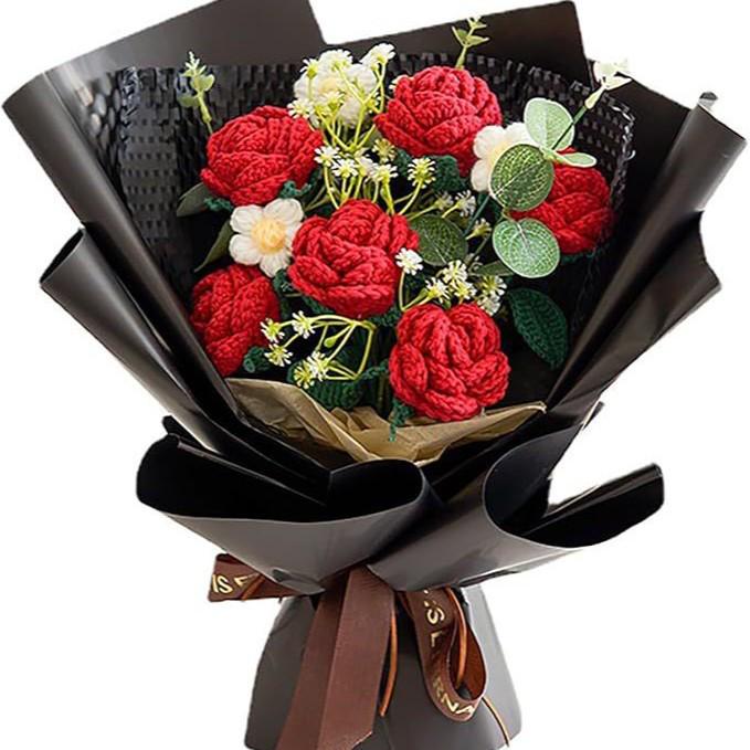 Handmade Knitted Yarn Bouquet: Crocheted Roses, Lilies, Tulips, and Gesang Flowers for Valentine's Day
