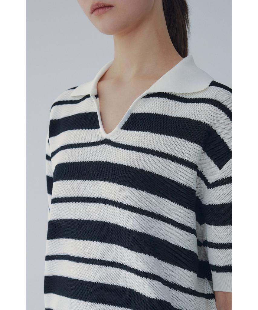 Bobeu Stripe Pattern Collared Neck Pullover_Black 7156250006