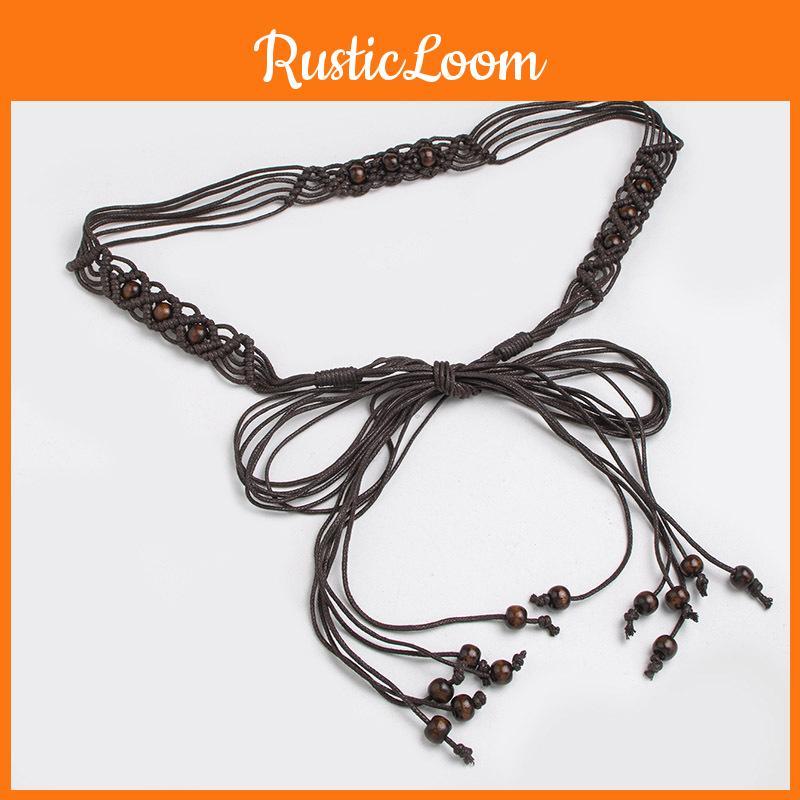 Bohemian Style Handwoven Cotton Rope Waist Belt With Wooden Beads For Beach Outfits And Festivals