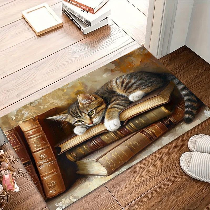 Area Rug Carpet Soft Non Slip Vintage Book Stack Cat Floor Mat for Entryway Bedroom Living Room Kids Room Home Decor Floor Decor