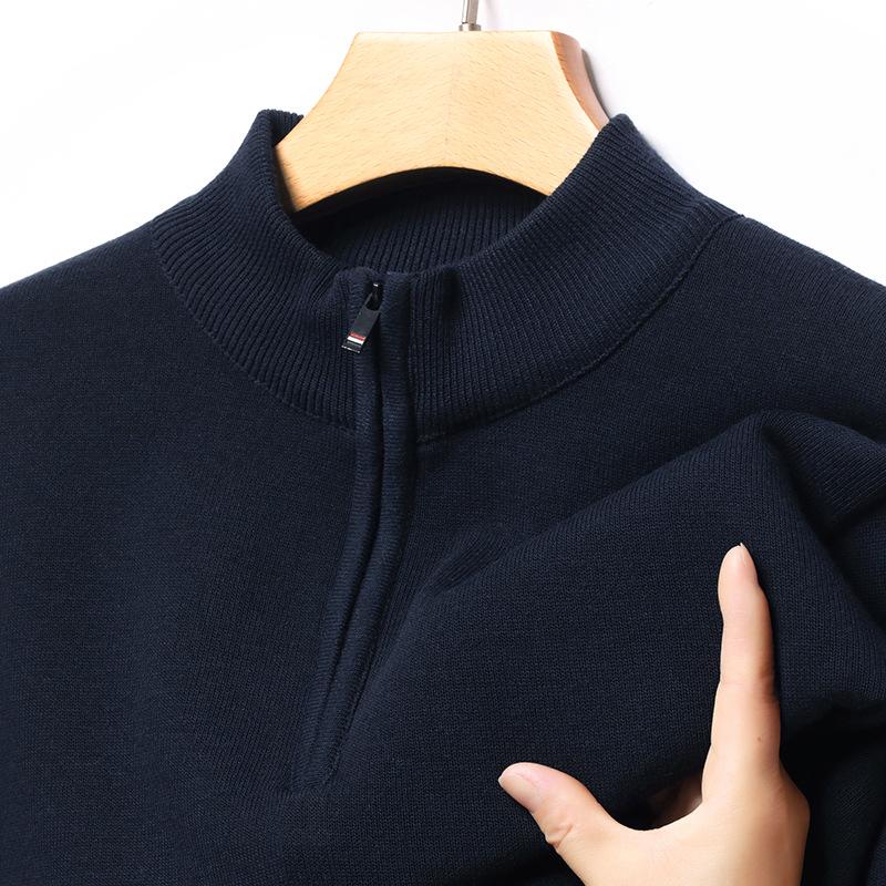 Men’s Fleece-Lined Half-Zip Pullover Sweater – Trendy Long-Sleeve Knitwear with Half-High Collar for Autumn/Winter.