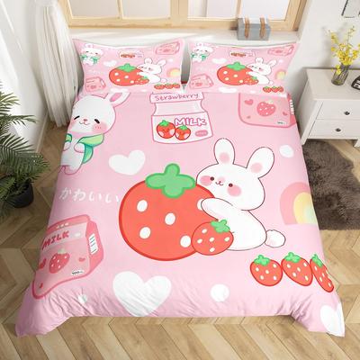 Bettbezug mit Cartoon-Kaninchen, süßes Erdbeermilch-Bettwäscheset, Bettbezug mit süßen Tieren und Früchten, schöner Bettbezug mit rosa Sternen
