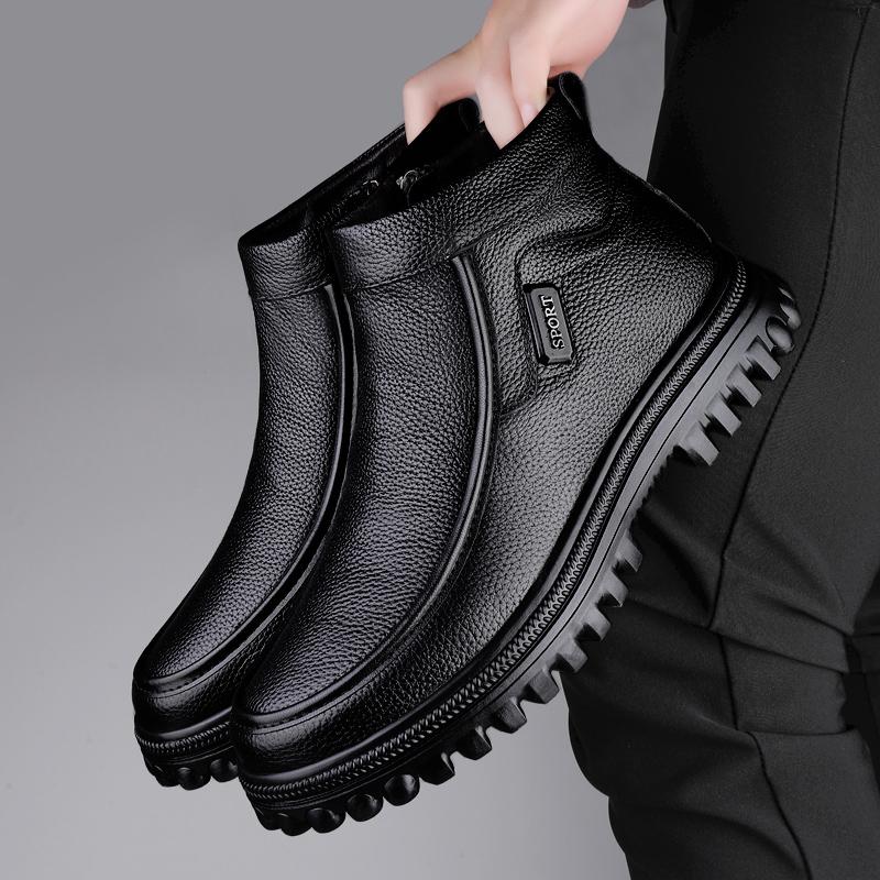 Fashion High Quality Men Comfortable Side Zipper Oversized Dock Layer Cowhide and Velvet Cotton Boot Brand Winter High Top Boots