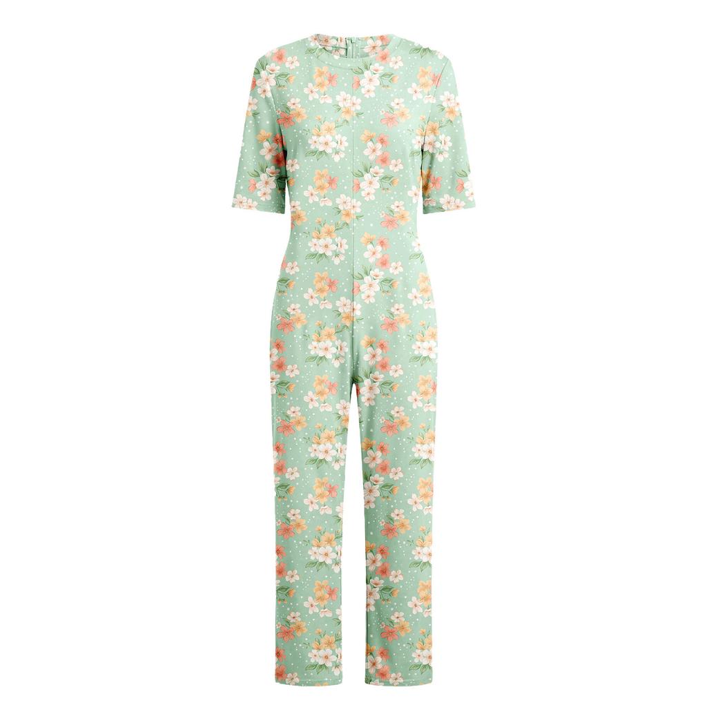 Damen Pflege-Jumpsuit für ältere Menschen mit Blumenprint, Kurzarm, Reißverschluss hinten, Loungewear-Stil, Anti-Strip, Anpassungsfähiger Strampler