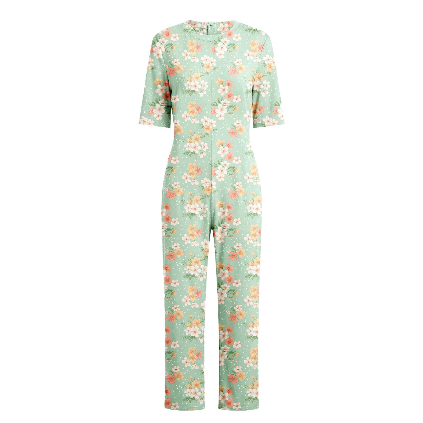 Damen Pflege-Jumpsuit für ältere Menschen mit Blumenprint, Kurzarm, Reißverschluss hinten, Loungewear-Stil, Anti-Strip, Anpassungsfähiger Strampler XXL hellgrüne