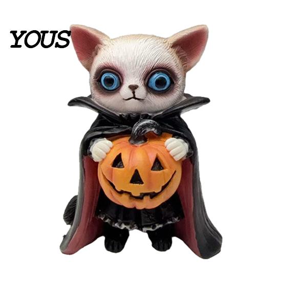 Resin Animal Statues for Home Decor Halloween Highland Cow Figurine, Wizard Broom & Bat Wing Pumpkin Waterproof Garden Sculptures Ornament,