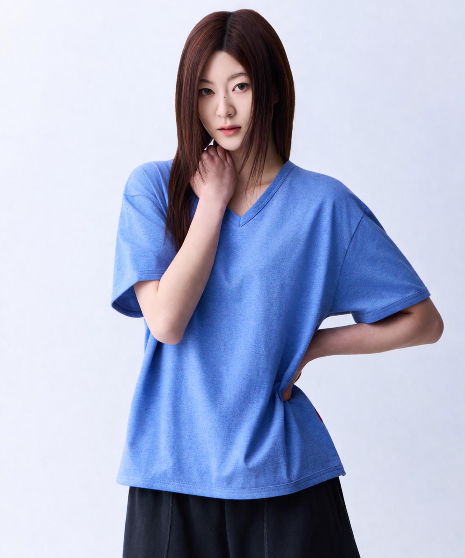 Crush Style Natural Speckle V-Neck T-Shirt Blue S