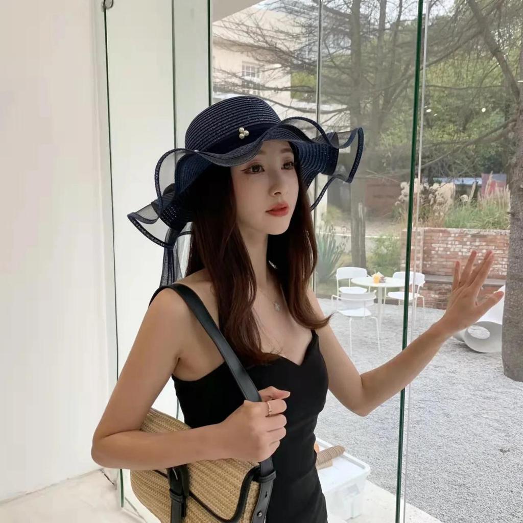 New Foldable Wide-brimmed Girl Straw Pearl Sun Hat Beach Wave Hat UV Protection Travel Hat Lady Beach Hat Birthday Gift