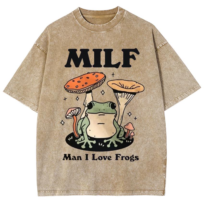 Pánská a dámská trička s potiskem žáby a houby Unisex Prací denimová látka Nadměrná velikost Krátký rukáv Vintage top Odřený