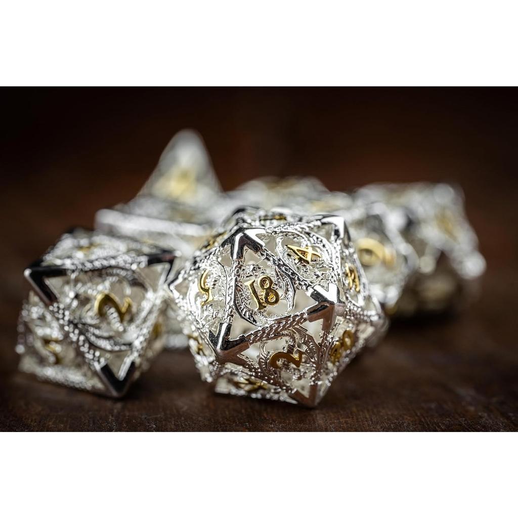 7-Würfel DND, Aura des Mutes, Hohlmetall-Silberwürfel für D&D, polyedrische D- und D-Würfel für Dungeons and Dragons Geschenk