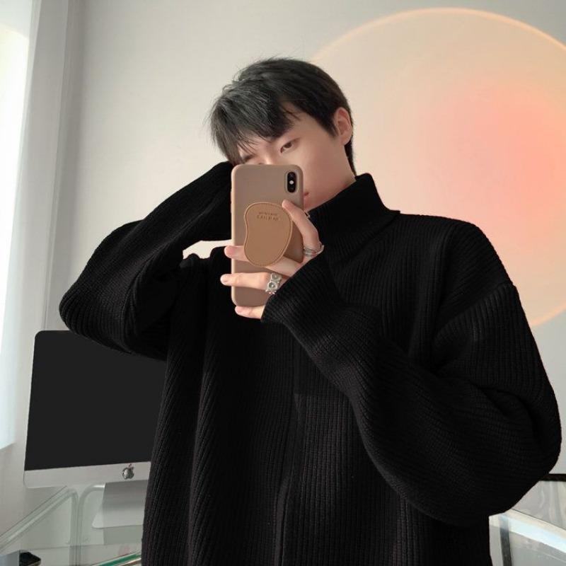 Zipper Stand Collar Cardigan Sweater Men In Autumn Winter Lazy Style Knitted Thickened Jacket