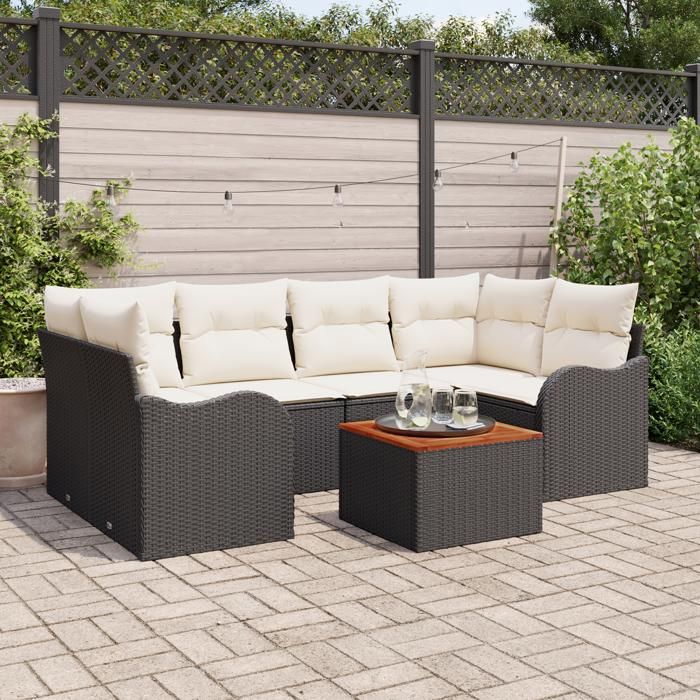 Ensemble de Canapés de Jardin 7 pièces avec Coussins Noir en Poly Rattan Acacia 3356073