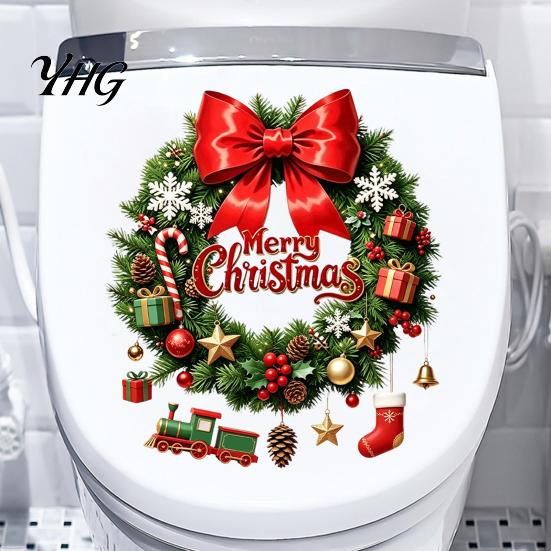 Waterproof Seasonal Wall Decor Christmas Wreath Toilet Decal, Merry Bow Seat Sticker, Self Adhesive Lid Decal Tank Decals, Self-Adhesive Bathroom