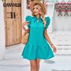 Summer Women's Dress Lace Neck Ruffle Sleeve Pleated Princess Dress Solid Colour Dresses