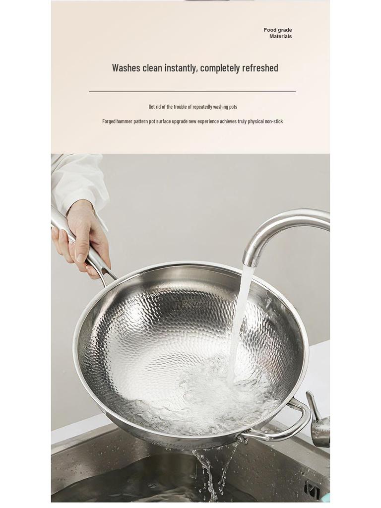 Non-stick 304 Stainless Steel Hammered Wok for Gas and Induction Cooktops