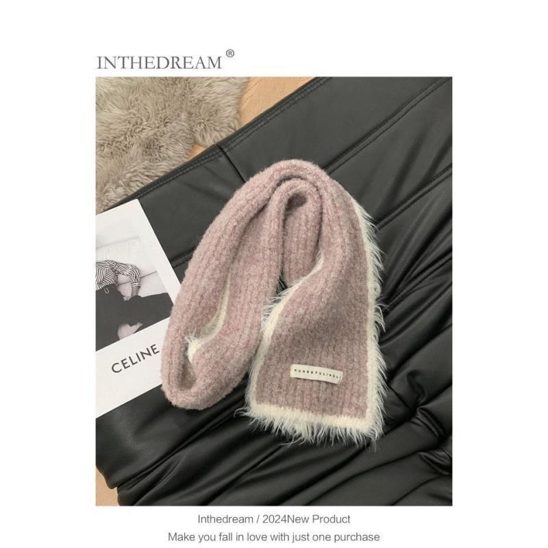 New Knitted Fur Edged Starlight White Wool Scarf for Women In Winter Warm and Versatile Small Scarf Campus Fresh