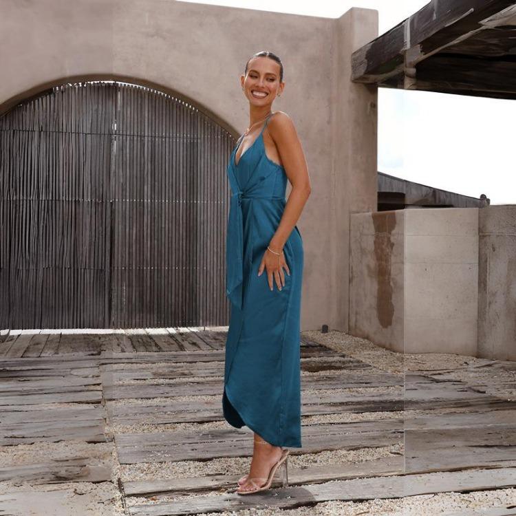 Elegant High Waist Backless Spaghetti Strap V Neck Ankle Length Solid Dress for Women with Design Sense