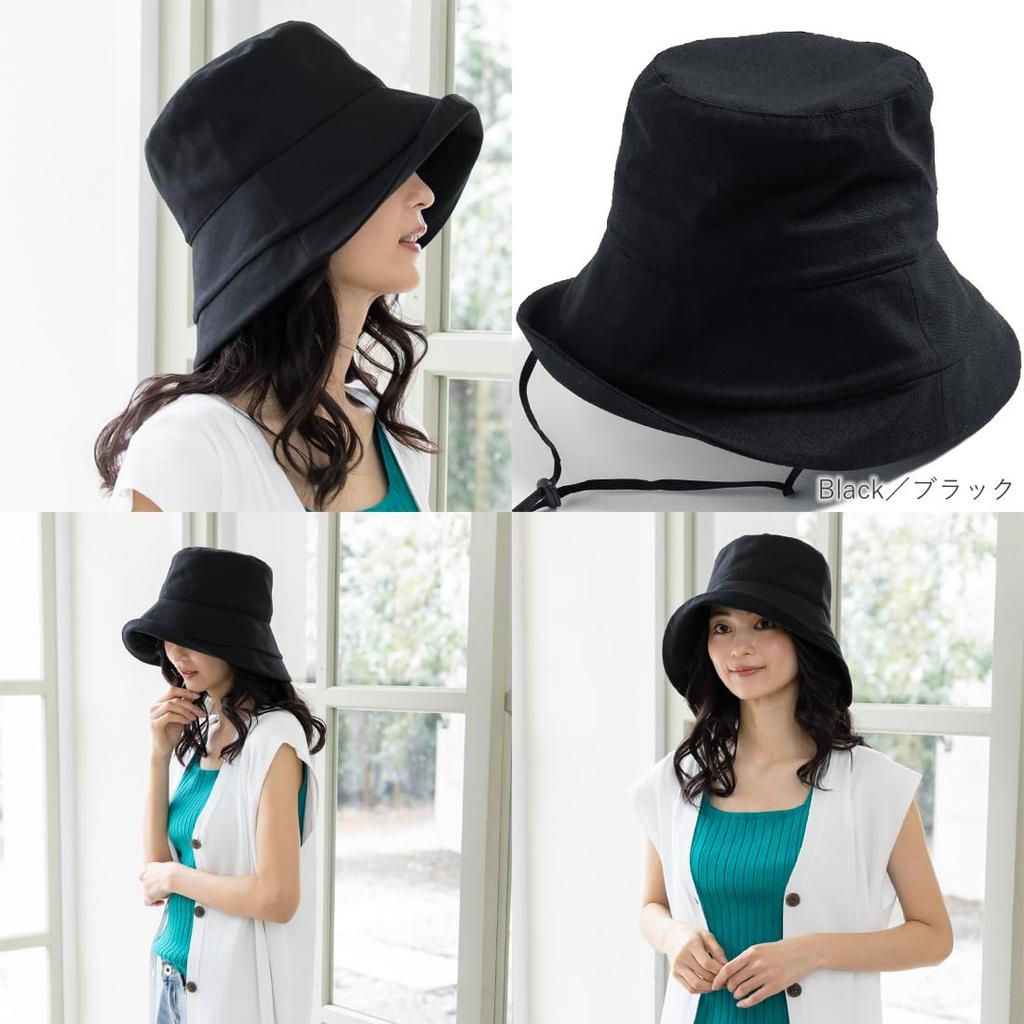 QUEENHEAD UV Protection Hat with Linen Poly Wide UV Big Size Black Drawstring, Brim, Brim, Protection, Women's, (63cm) -