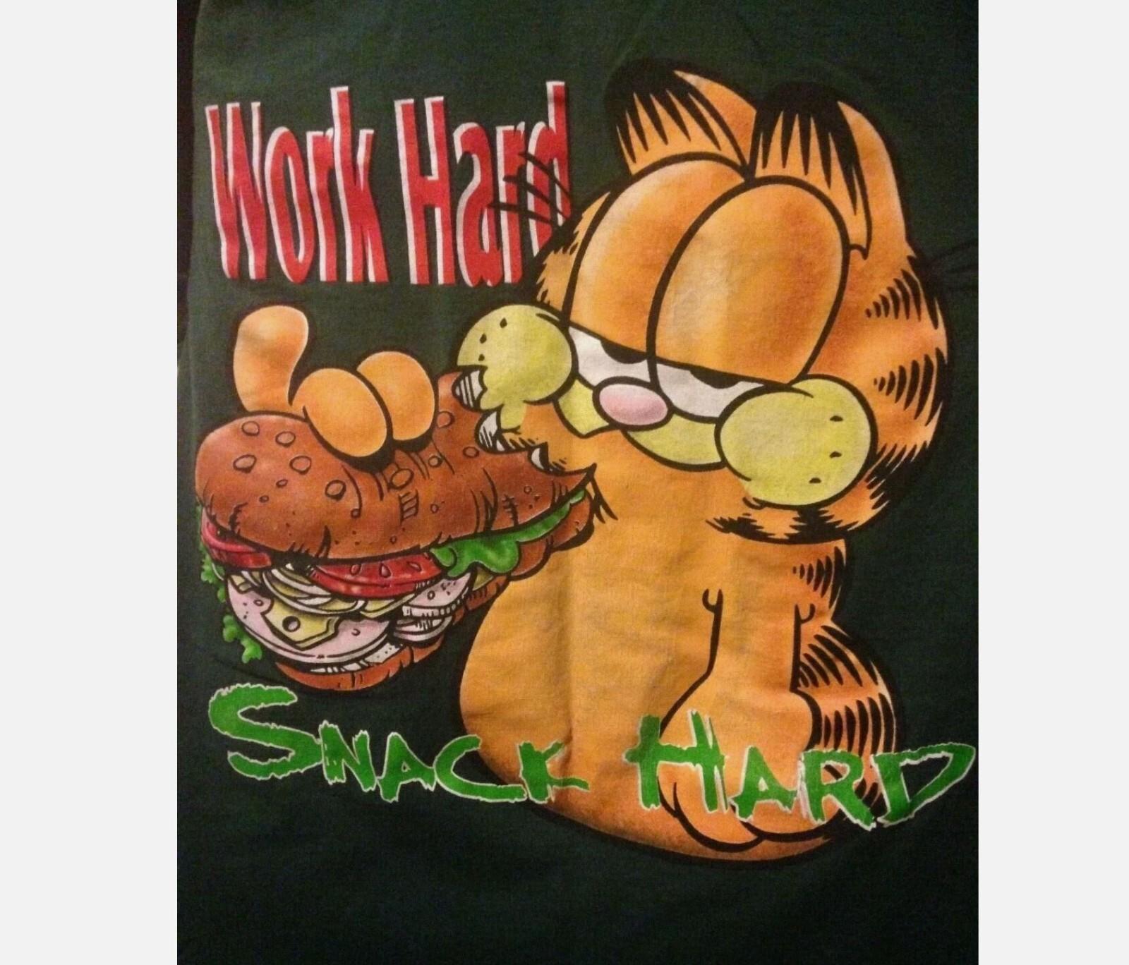 Vintage 80s Garfield Work Hard Snack Hard Shirt Black Unisex S