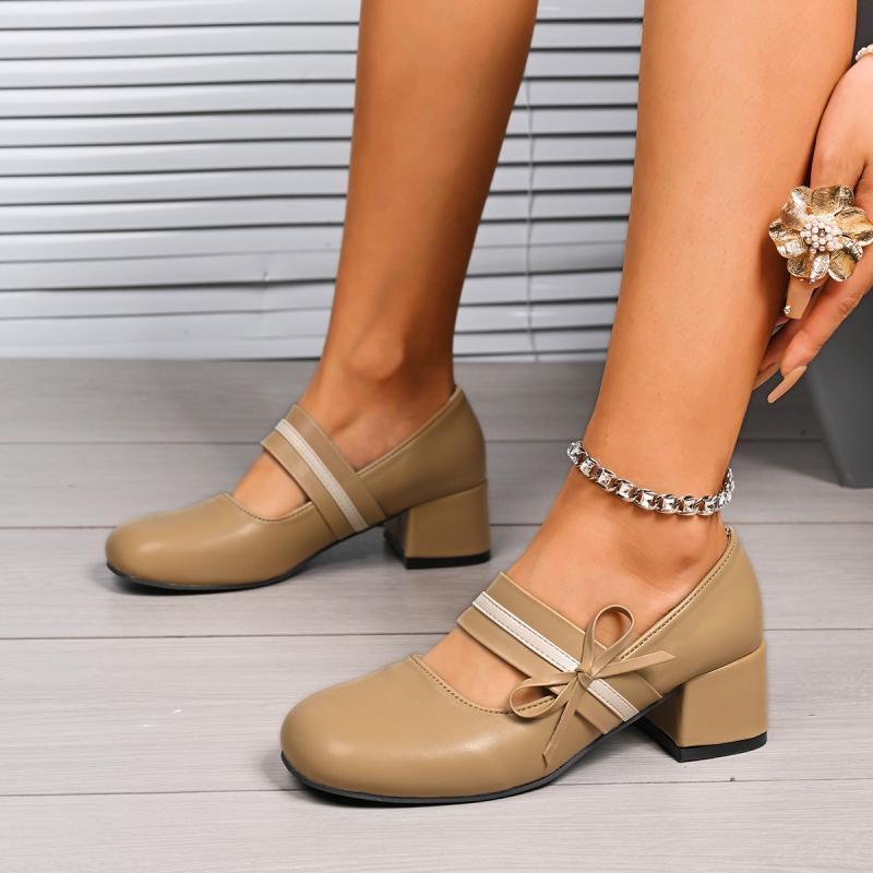 Fashion Vintage Square Toe Bowknot Decoration Pu Mary Jane Shoes Women 2025 Summer Medium Heel Dress Pumps Elegant Autumn Office Pumps