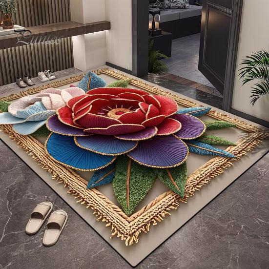 Absorbent Bath Mat Floor 3D Flower Pattern Bathroom Rug Highly Quick Door Friendly Dry Non-Slip Rubber Backing Kitchen Shower Laundry Room No Curl
