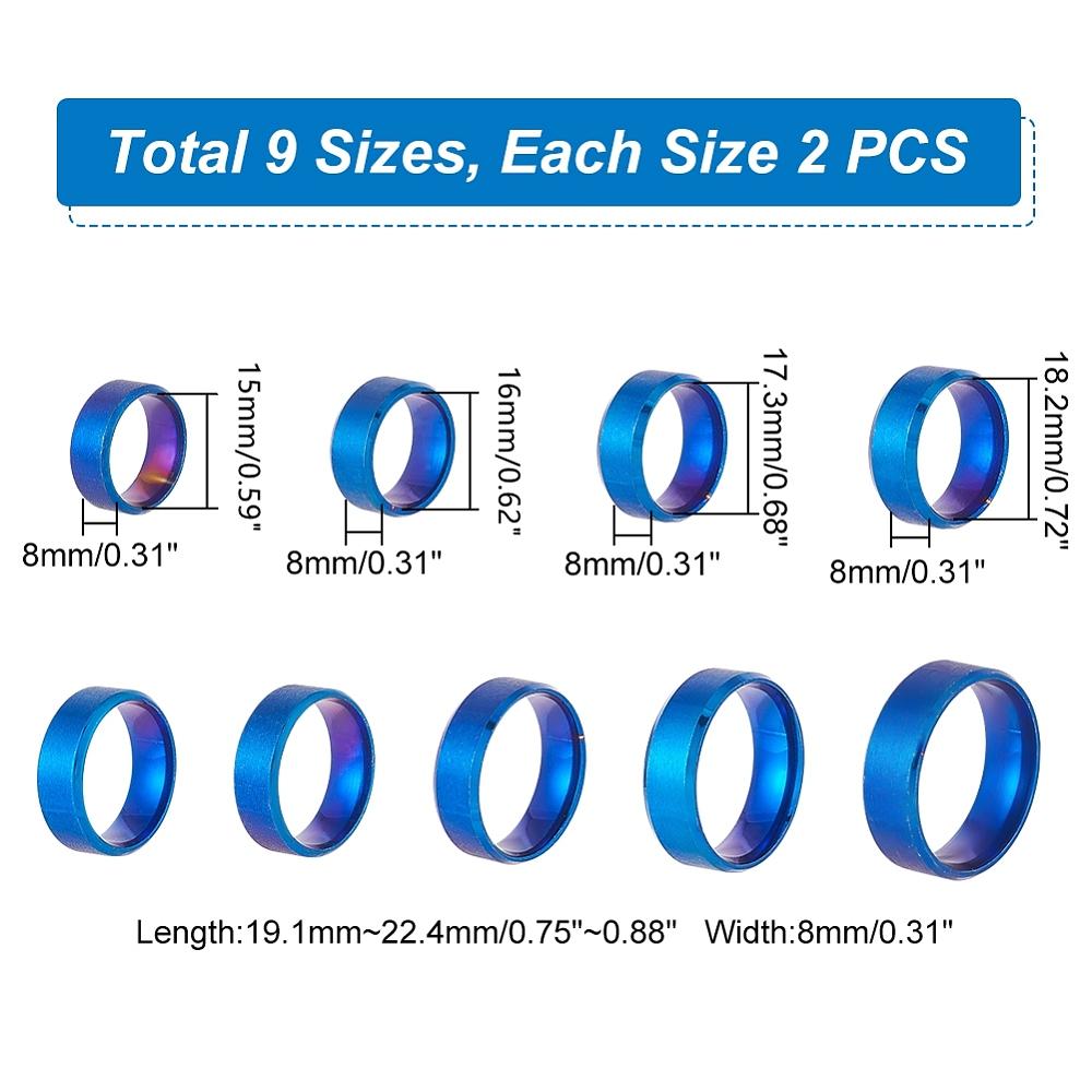 18Pcs 9 Styles Stainless Steel Wide Band Finger Rings for Women Men Plain Band Rings Blue 8mm Inner Diameter: US Size 4 1/4~13 1/4(15~22.4mm)