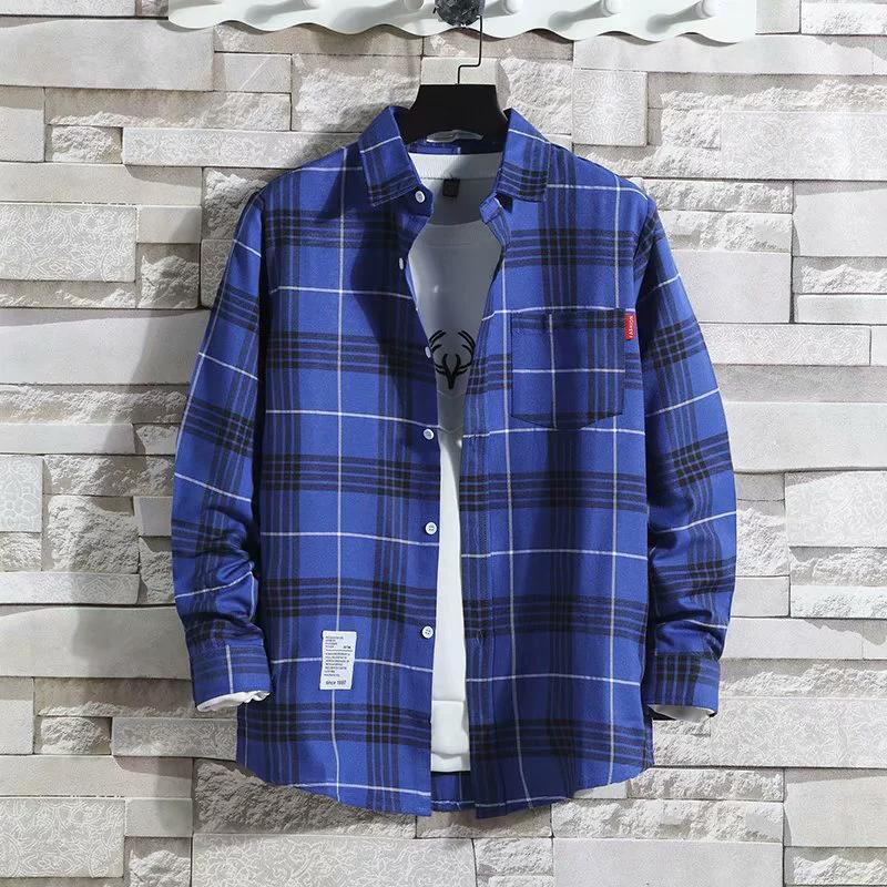 Men's White Plaid Shirt Long-sleeved Trend Shirts Versatile Men's Inch Shirt New Tops