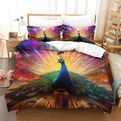 Housse de couette trois pièces Imprimé numérique Paon Animal 3D Linge de lit Taie d'oreiller Linge de lit