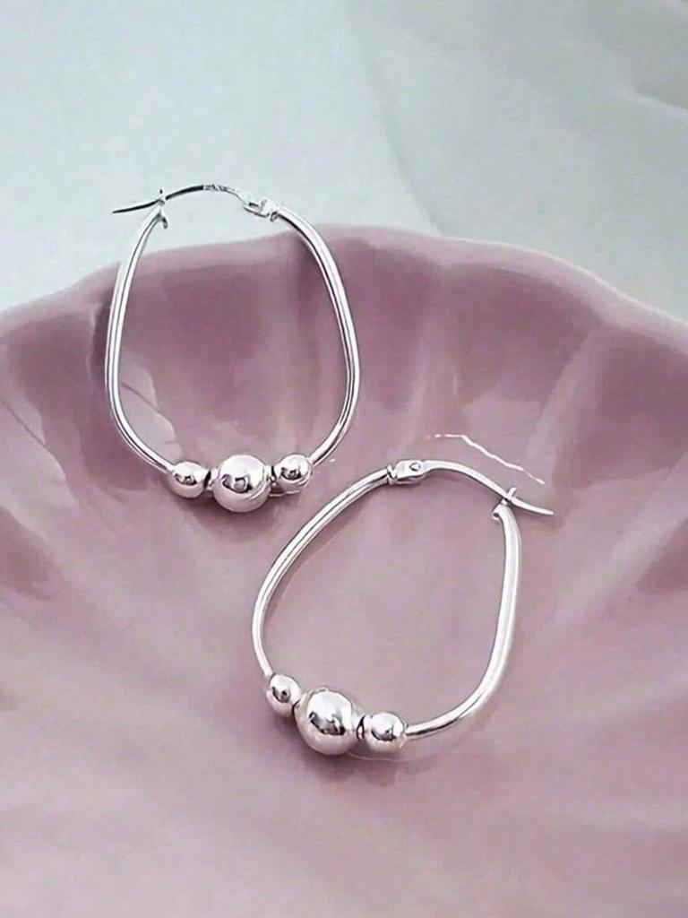 1 Pair Of Silver Versatile 3 Bead Hoop Earrings, Pendant Hoop Earrings For Women, Delicate Earrings