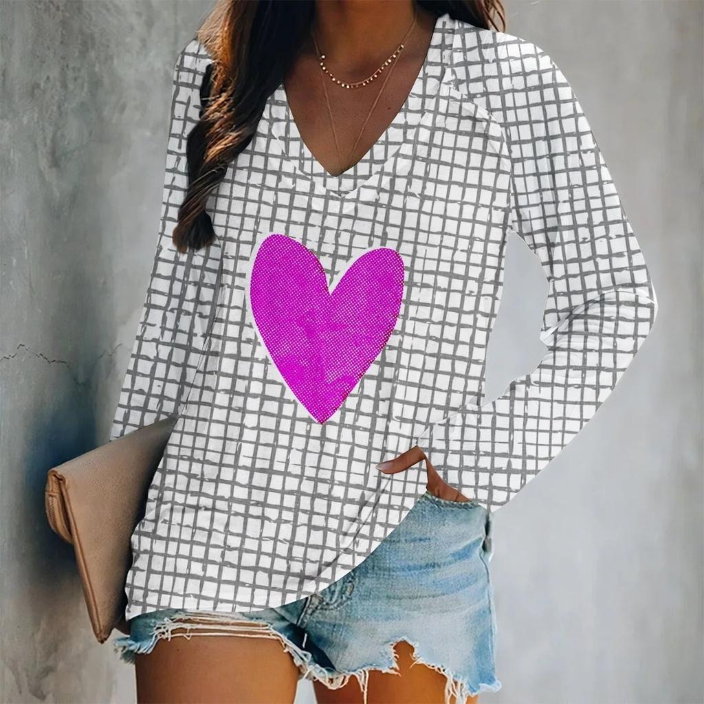 Spring V-Neck Long Sleeve T-Shirt Digital Print Loose Fit Women's Style Valentine's Day Special Edition Fashionable Casual Top
