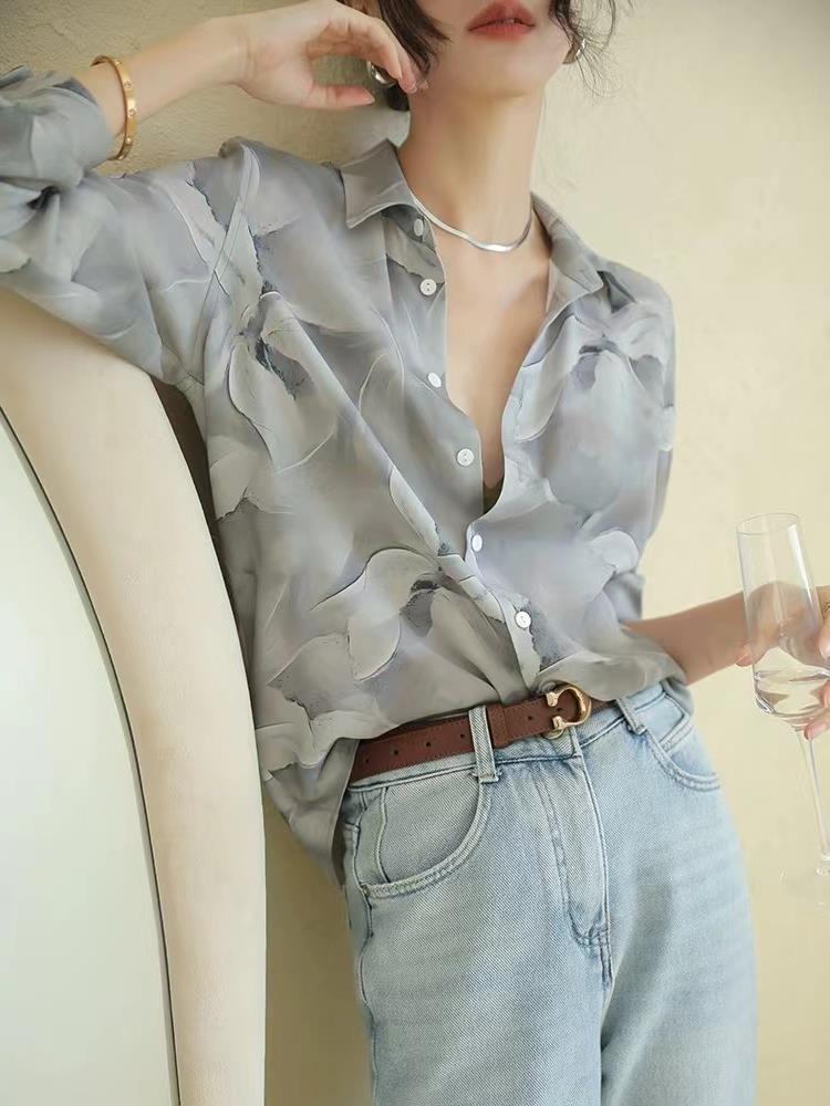 Women s New Chinese Style Loose Gray Silk Blouse - Handmade Mulberry Top for Spring L