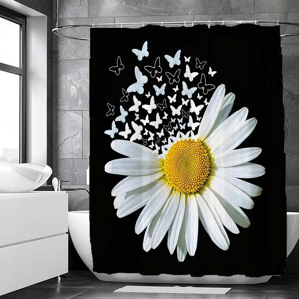 Plant Sunflower Butterfly Flowers Shower Curtain Print Modern Nordic Minimalist Polyster Home Decor Bathroom Curtain with Hooks