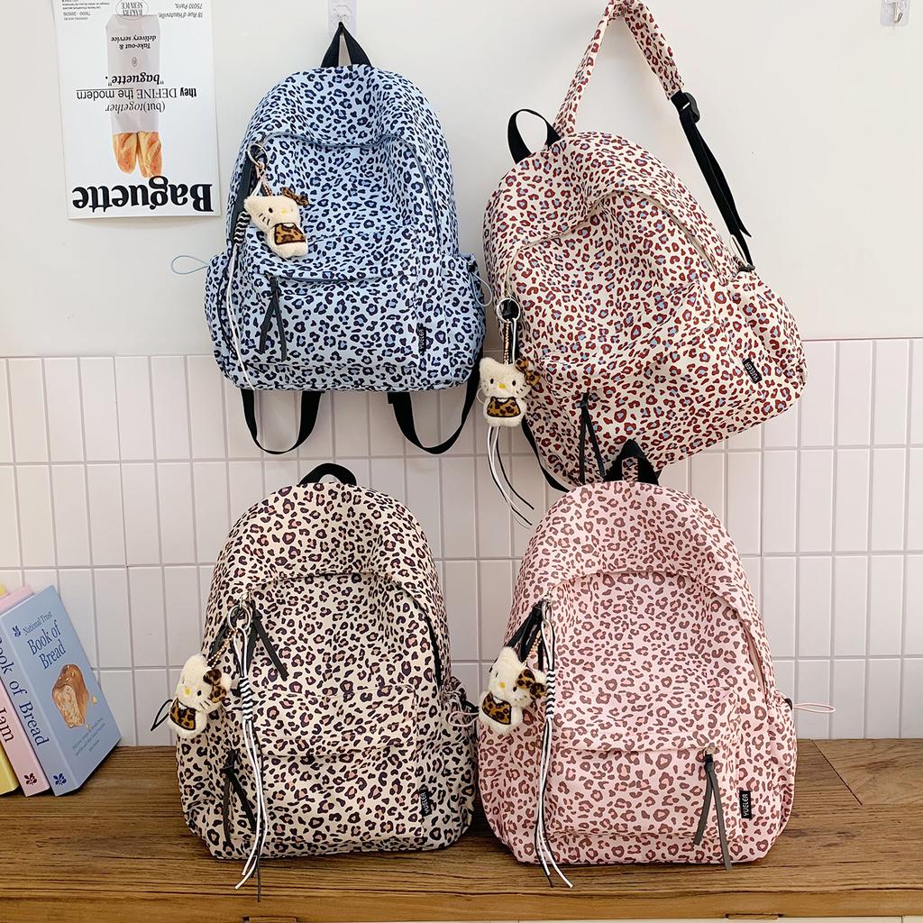 Schoolbag Leopard Print Backpack Female ins Vintage Commuter Travel Backpack Leisure Campus College Student School Bag School Season