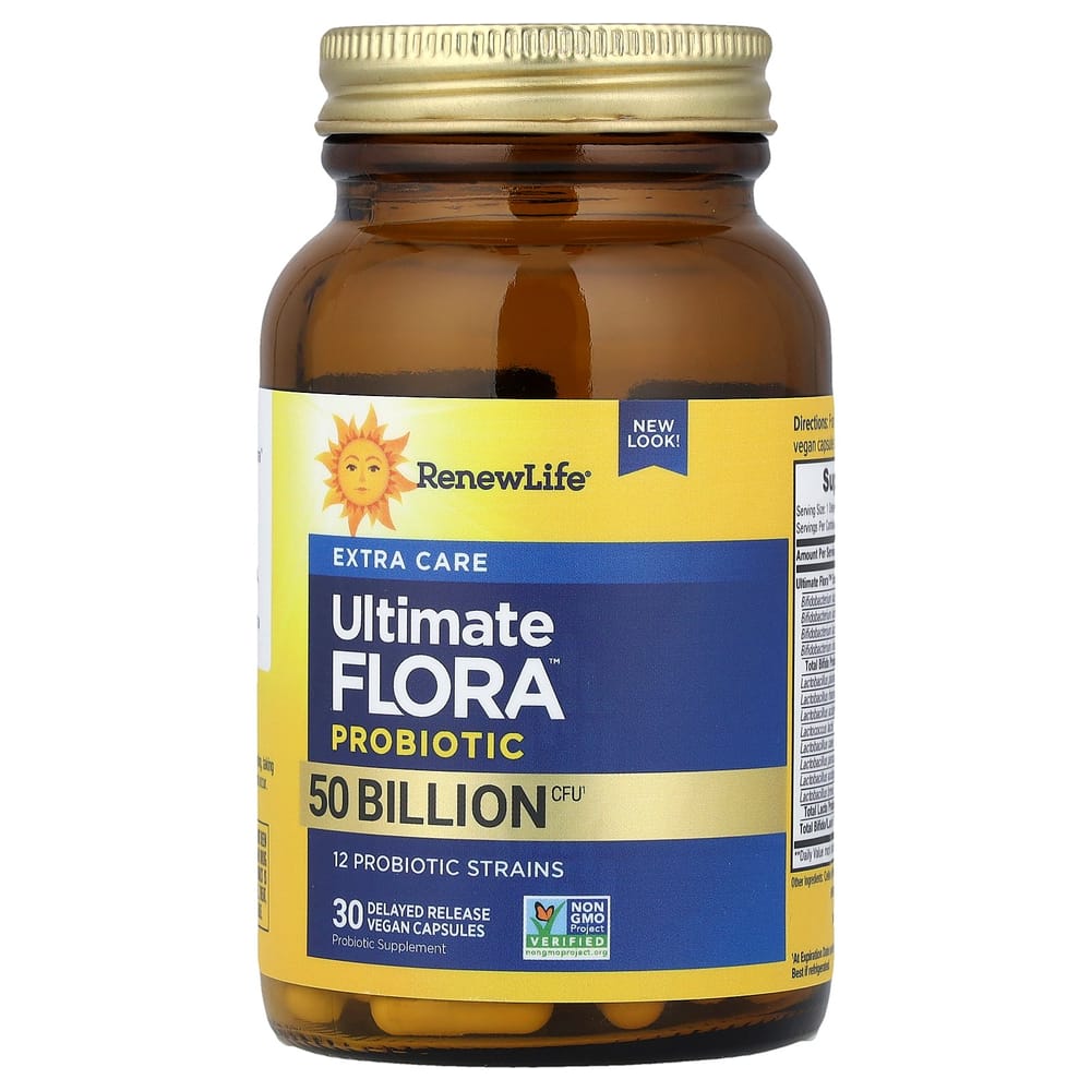 Renew Life Ultimate Flora Extra Care Probiotic 50 Billion Live Cultures Veggie Capsules, 30 Count