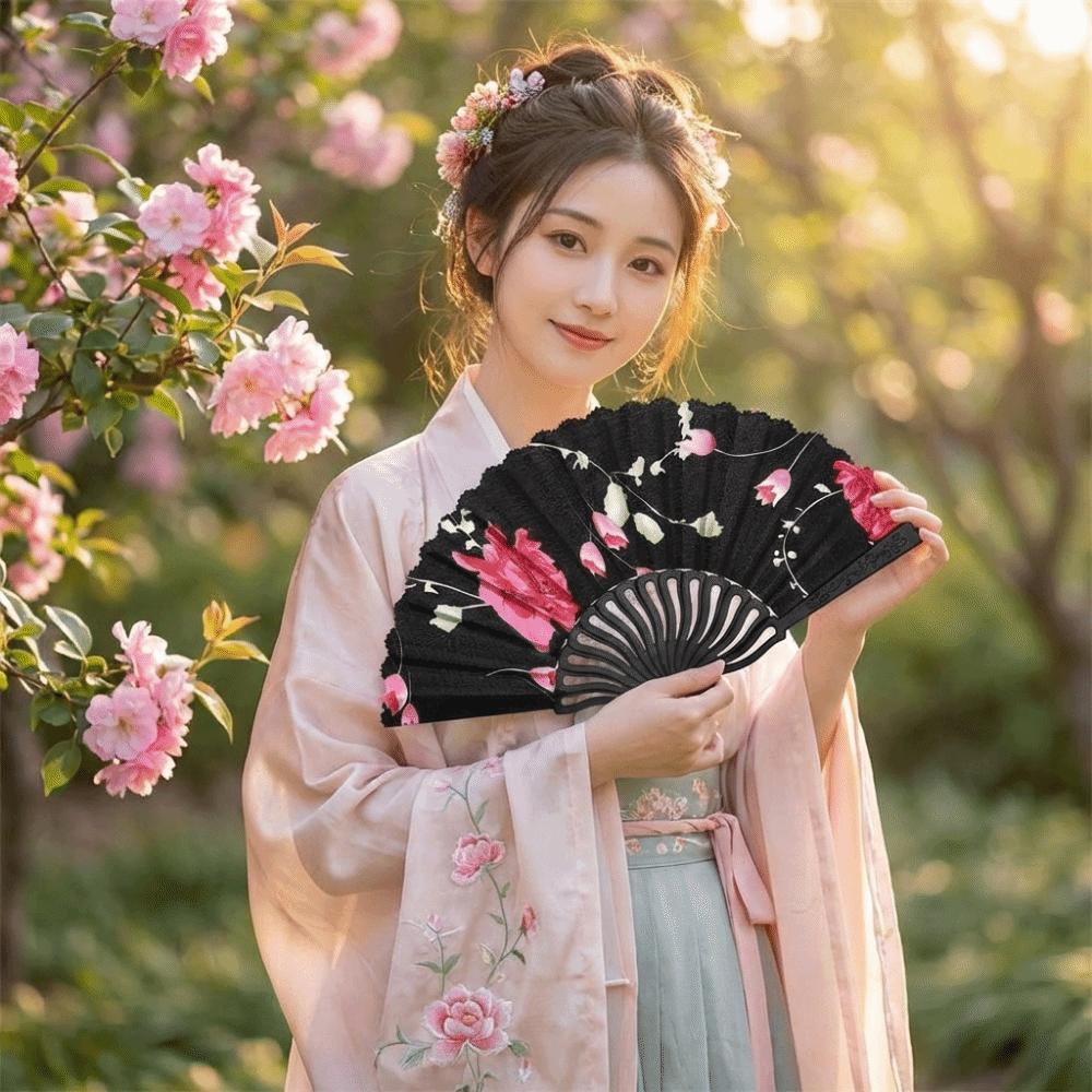 Decorative Folding Fan Plastic Rod Dance Fan Exquisite Flower Handheld Fan  Hanfu Accessories