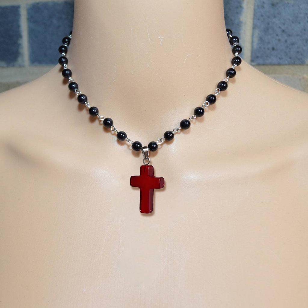 Gothic Pearl Beaded Choker Cross Pendant Necklace Punk Crucifix Neckchain Religious Clavicle Chain Party Accessory