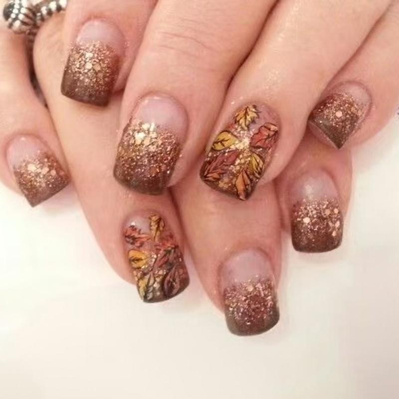 

Gold Foil Maple Leaf Artificial Nail Tips Rectangular Artificial Fingernails Press on Tips 24Pcs Not Need Equipment 1