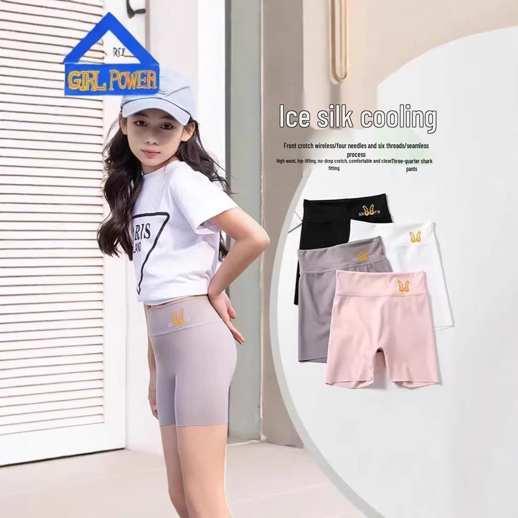 Girls' High-Waist Seamless Shark Print Yoga Shorts - Three-Quarter Length Summer Outerwear