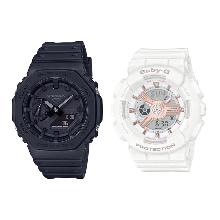 CASIO Unisex Pair Table Series Black Watch GA-2100-1A1+BA-110RG-7AER